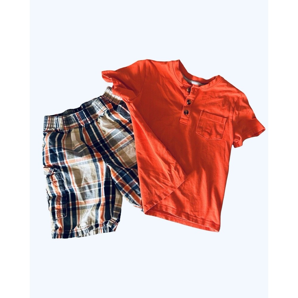 Cargo Plaid Shorts Shirt Orange Set Cotton Boys 5T Garanimals